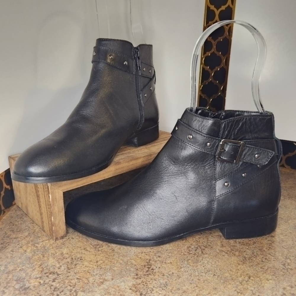 Anna Lenci Black Leather Buckle Zip Ankle Booties Size 6 Made in Italy Designer‎